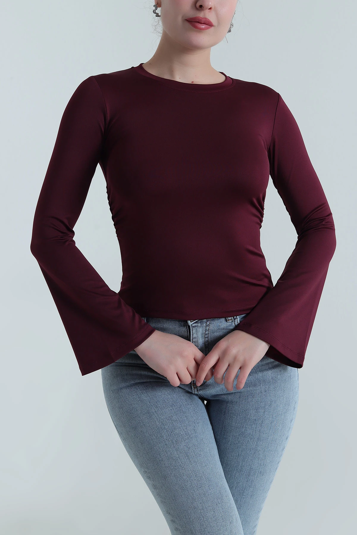 Bordo Büzgülü İspanyol Kol Sandy Kadın Bluz 495952