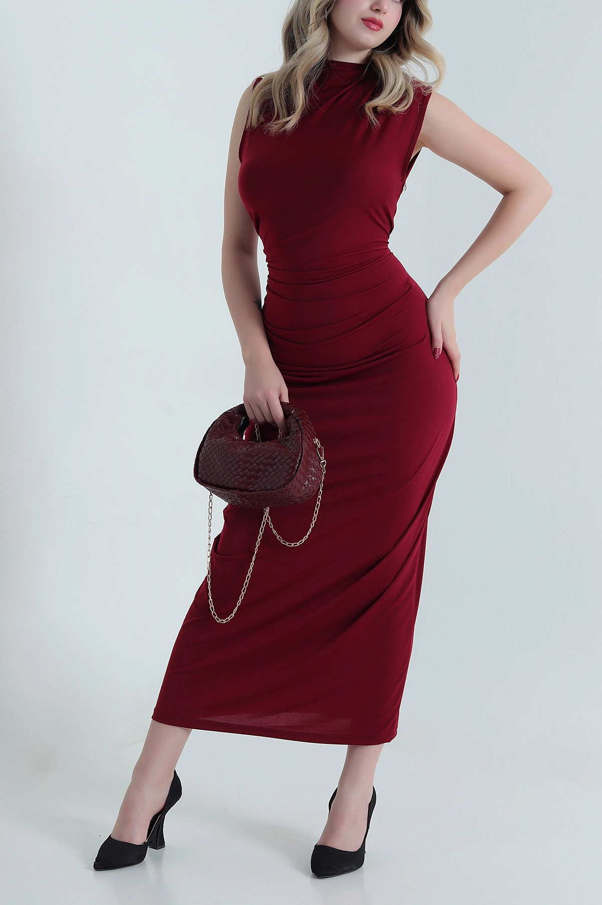 Bordo Büzgülü Kolsuz Buzzy Kadın Elbise 473627