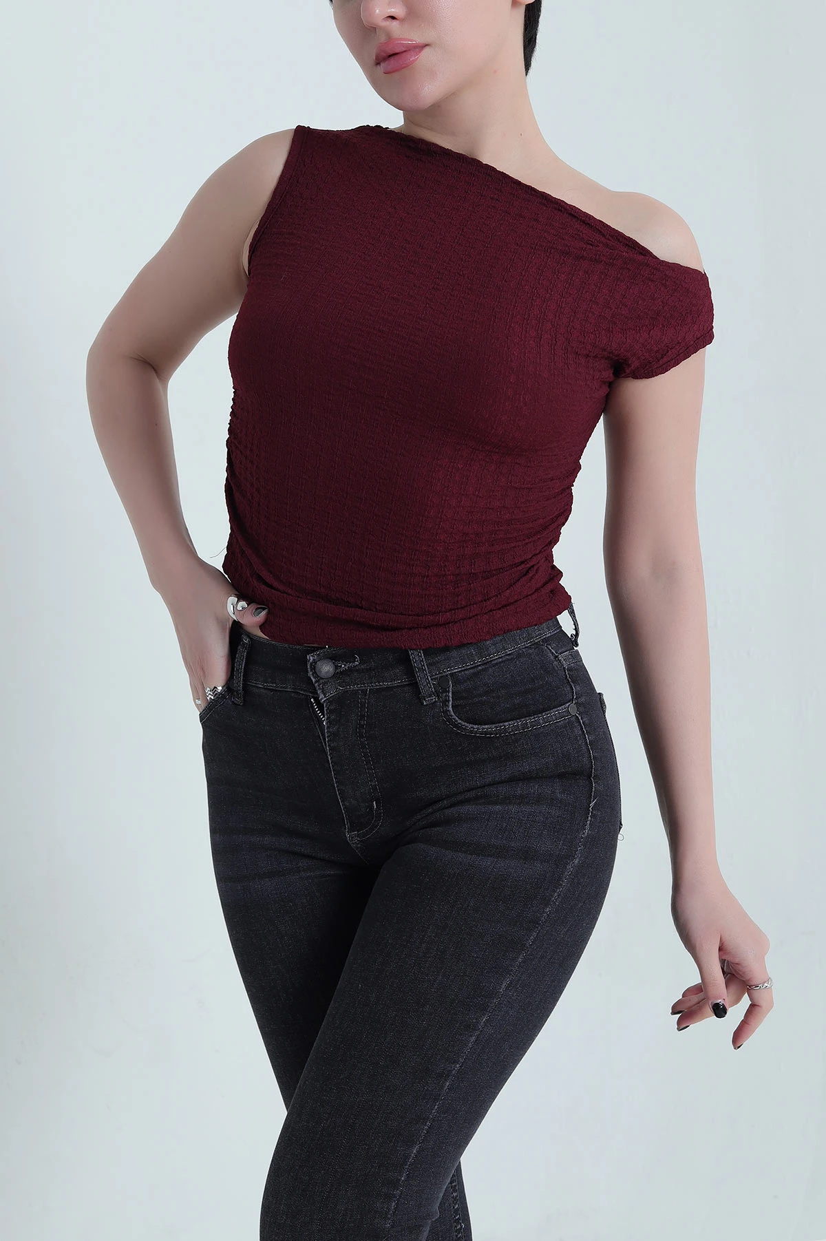 Bordo Büzgülü Kolsuz Gofre Kadın Bluz 456287