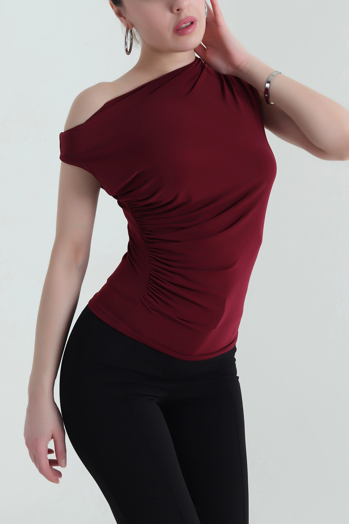 Bordo Büzgülü Kolsuz Kadın Buzzy Bluz 437045