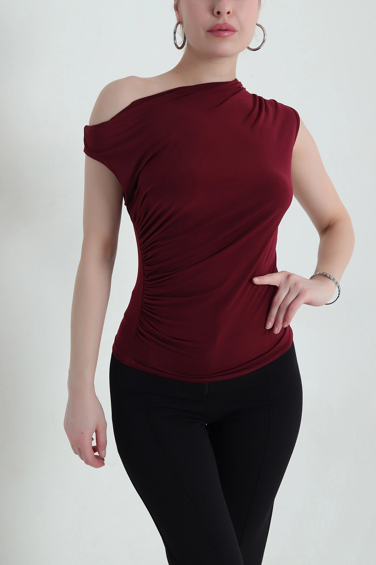 Bordo Büzgülü Kolsuz Kadın Buzzy Bluz 437045