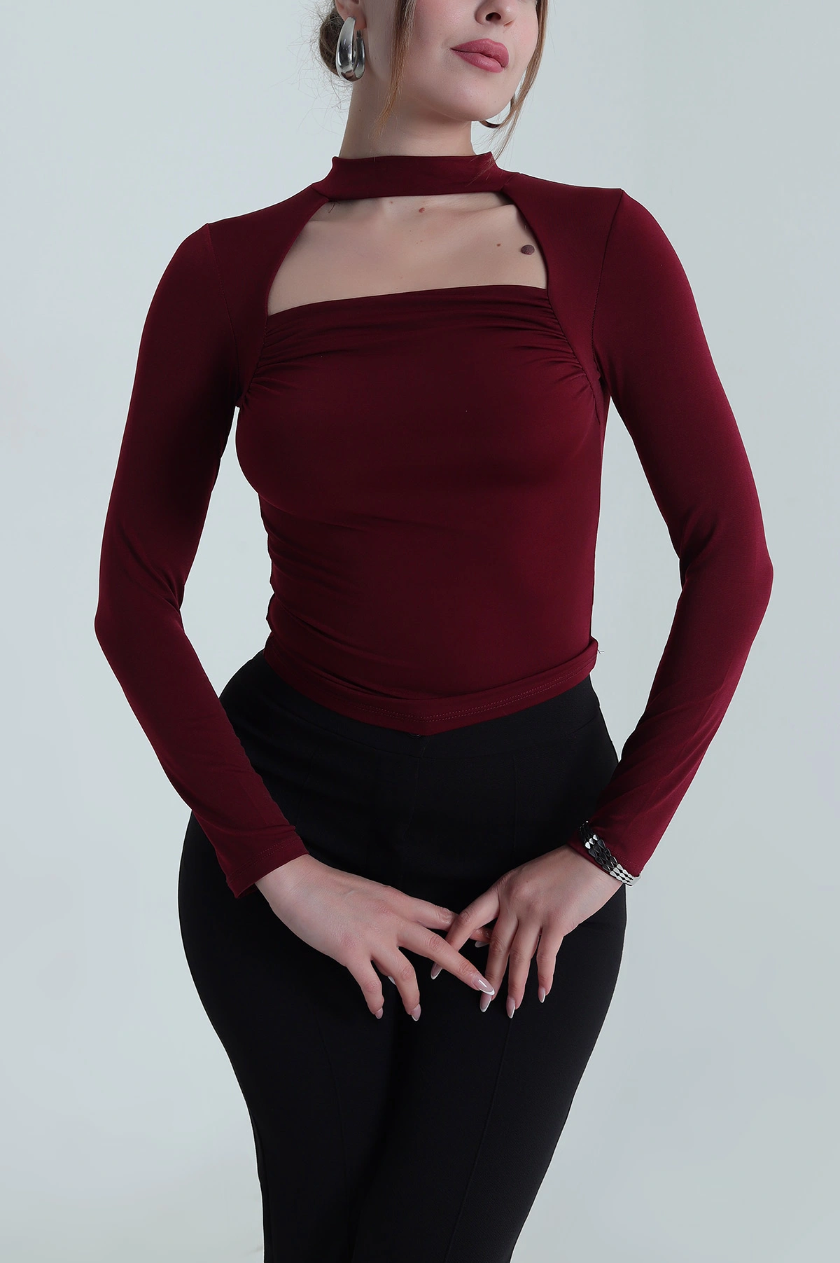 Bordo Büzgülü Likralı Buzzy Kadın Bluz 486681