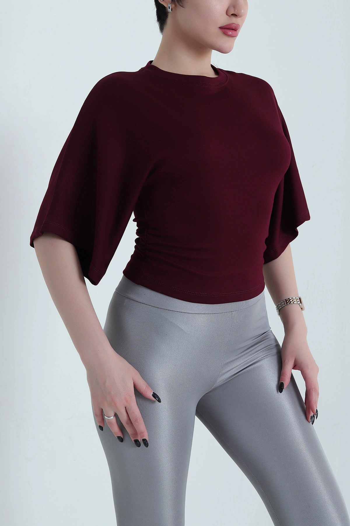 Bordo Büzgülü Lİkralı Oysho Kadın Tişört 454647