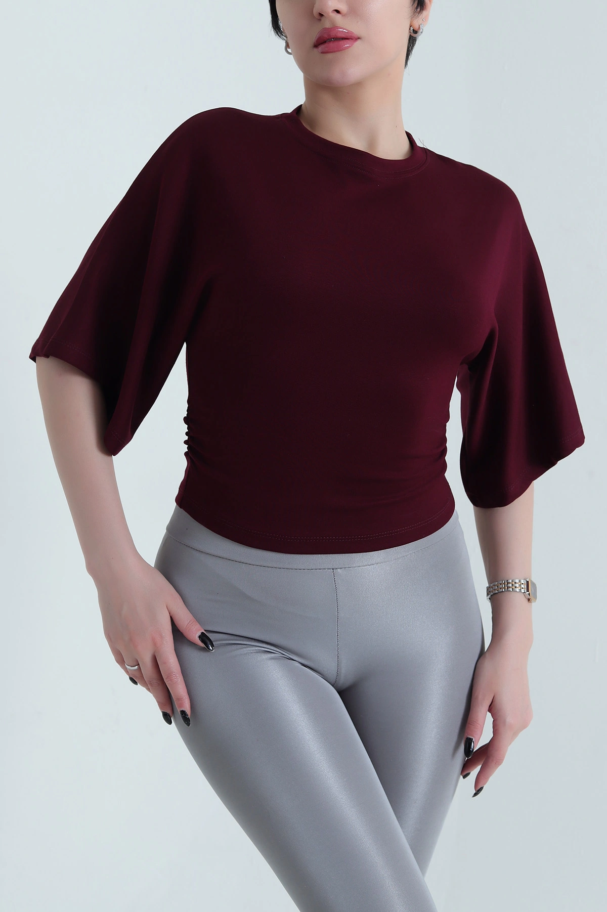 Bordo Büzgülü Lİkralı Oysho Kadın Tişört 454647