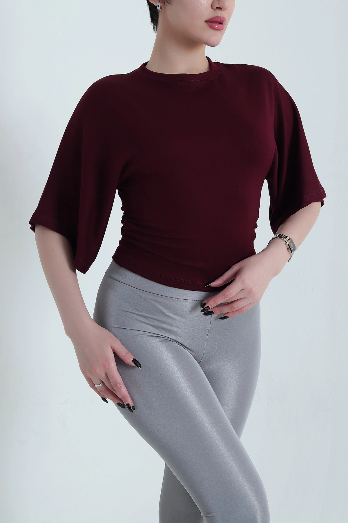Bordo Büzgülü Lİkralı Oysho Kadın Tişört 454647