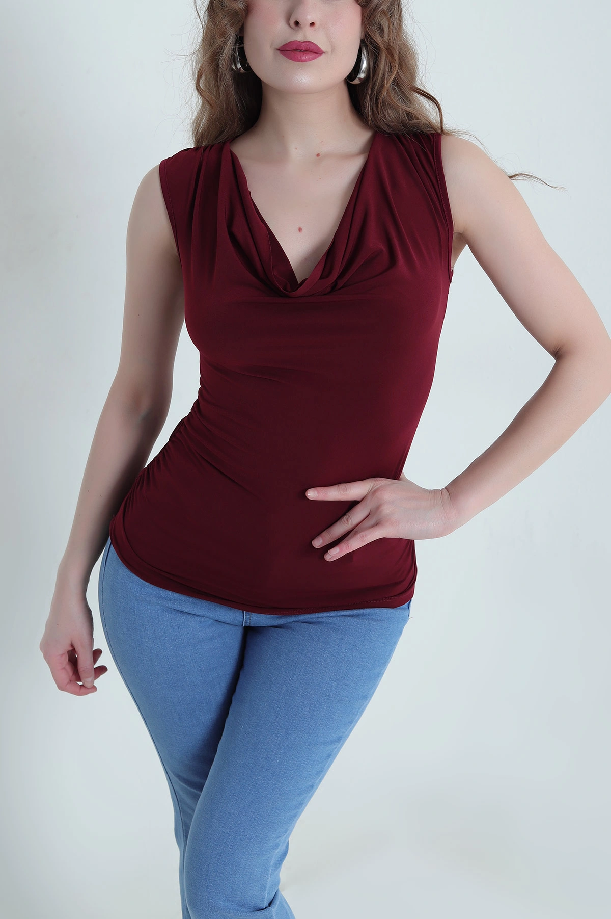 Bordo Büzgülü Likralı Sandy Kadın Bluz 447722