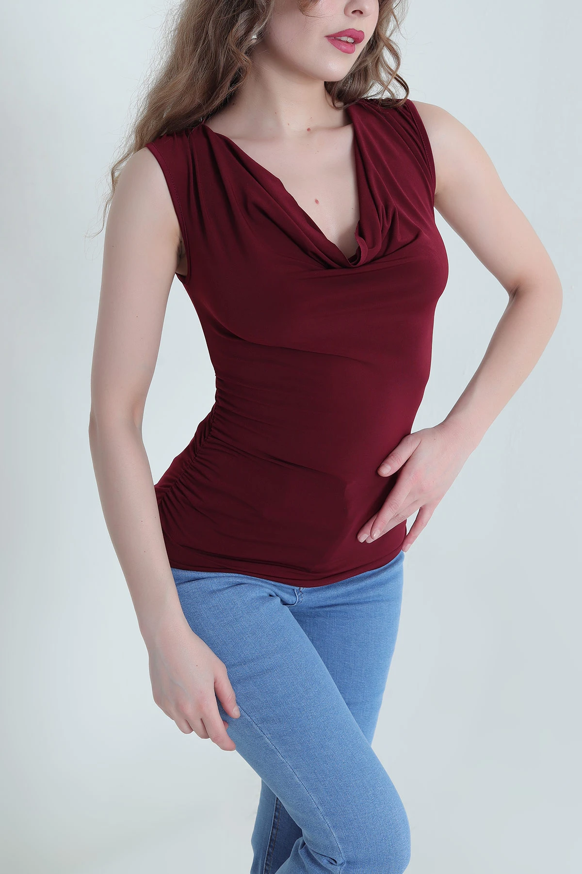 Bordo Büzgülü Likralı Sandy Kadın Bluz 447722