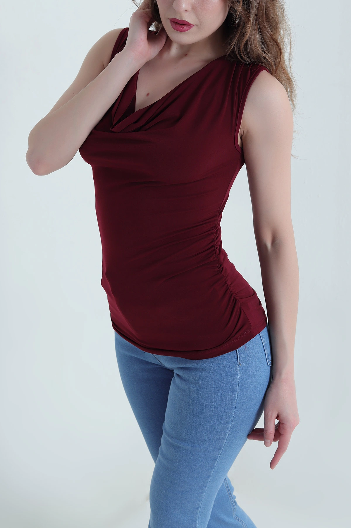 Bordo Büzgülü Likralı Sandy Kadın Bluz 447722