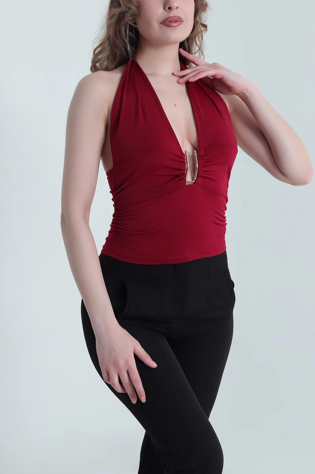 Bordo Büzgülü Likralı Sandy Kadın Bluz 452108