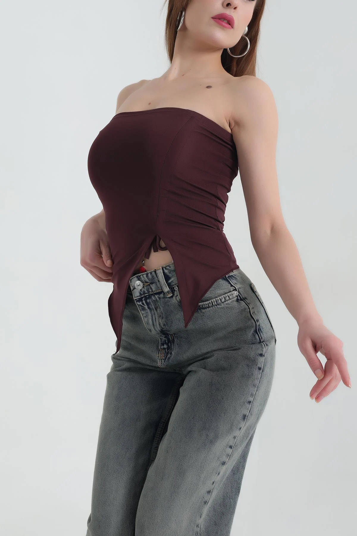 Bordo Büzgülü Likralı Straplez Sandy Bluz 337348