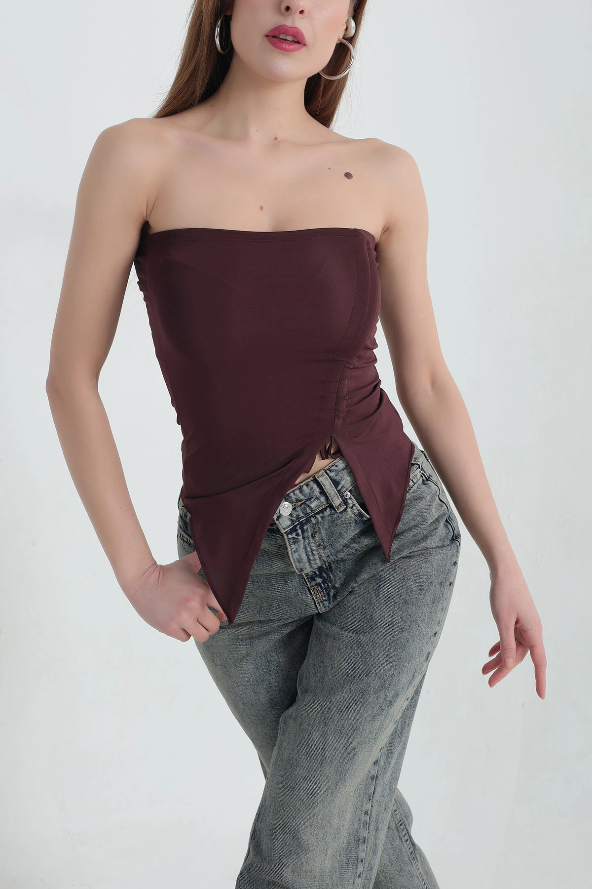 Bordo Büzgülü Likralı Straplez Sandy Bluz 337348
