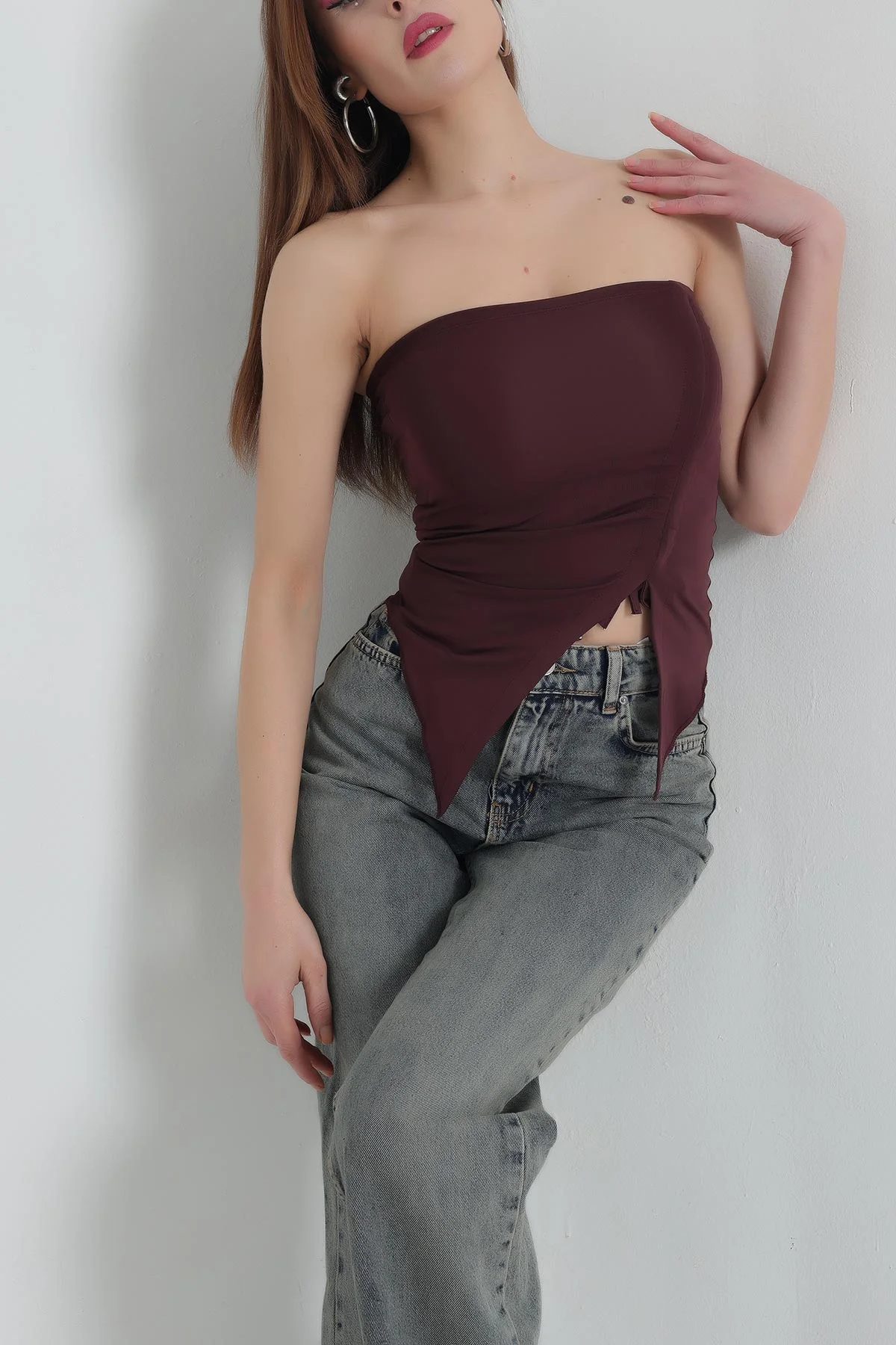 Bordo Büzgülü Likralı Straplez Sandy Bluz 337348