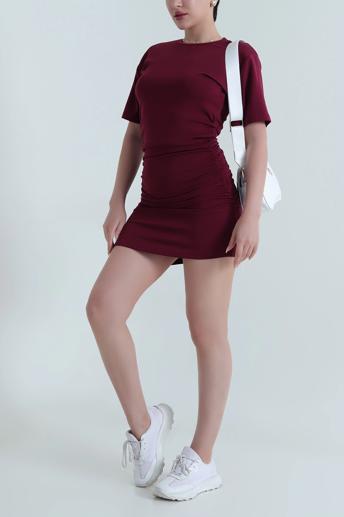 Bordo Büzgülü Modal Kadın Elbise 466187