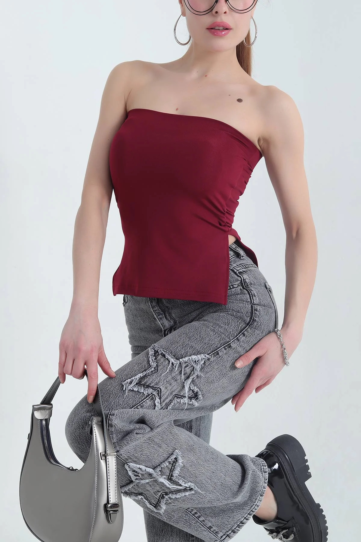 Bordo Büzgülü Pedli Staplez Bluz 342968
