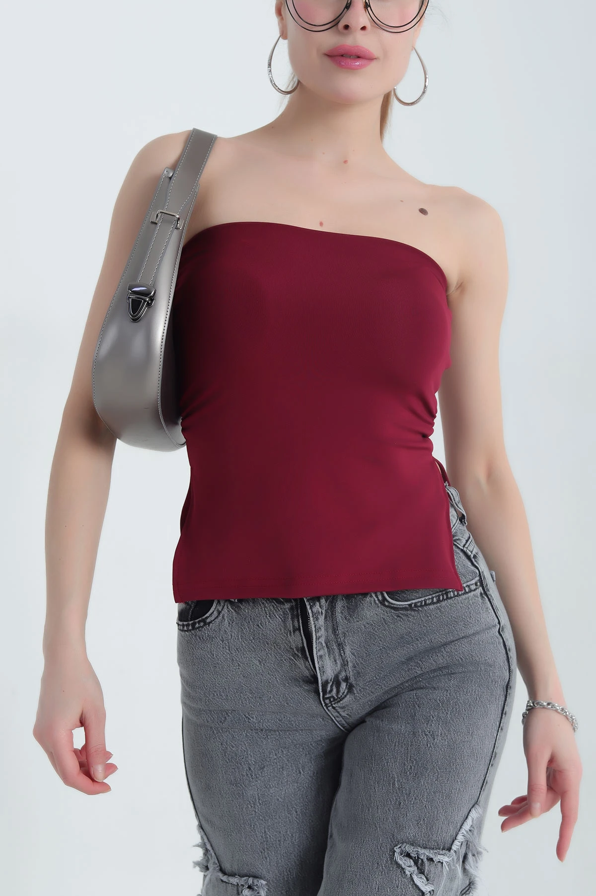 Bordo Büzgülü Pedli Staplez Bluz 342968