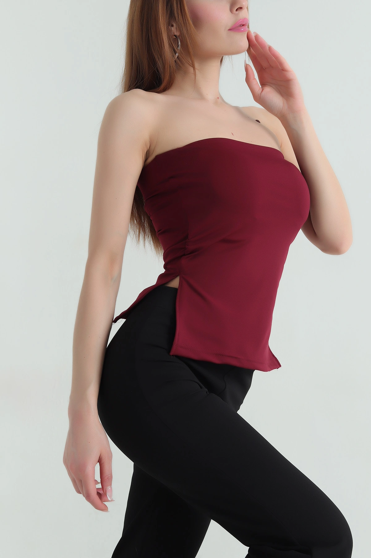 Bordo Büzgülü Pedli Staplez Kadın Bluz 357275