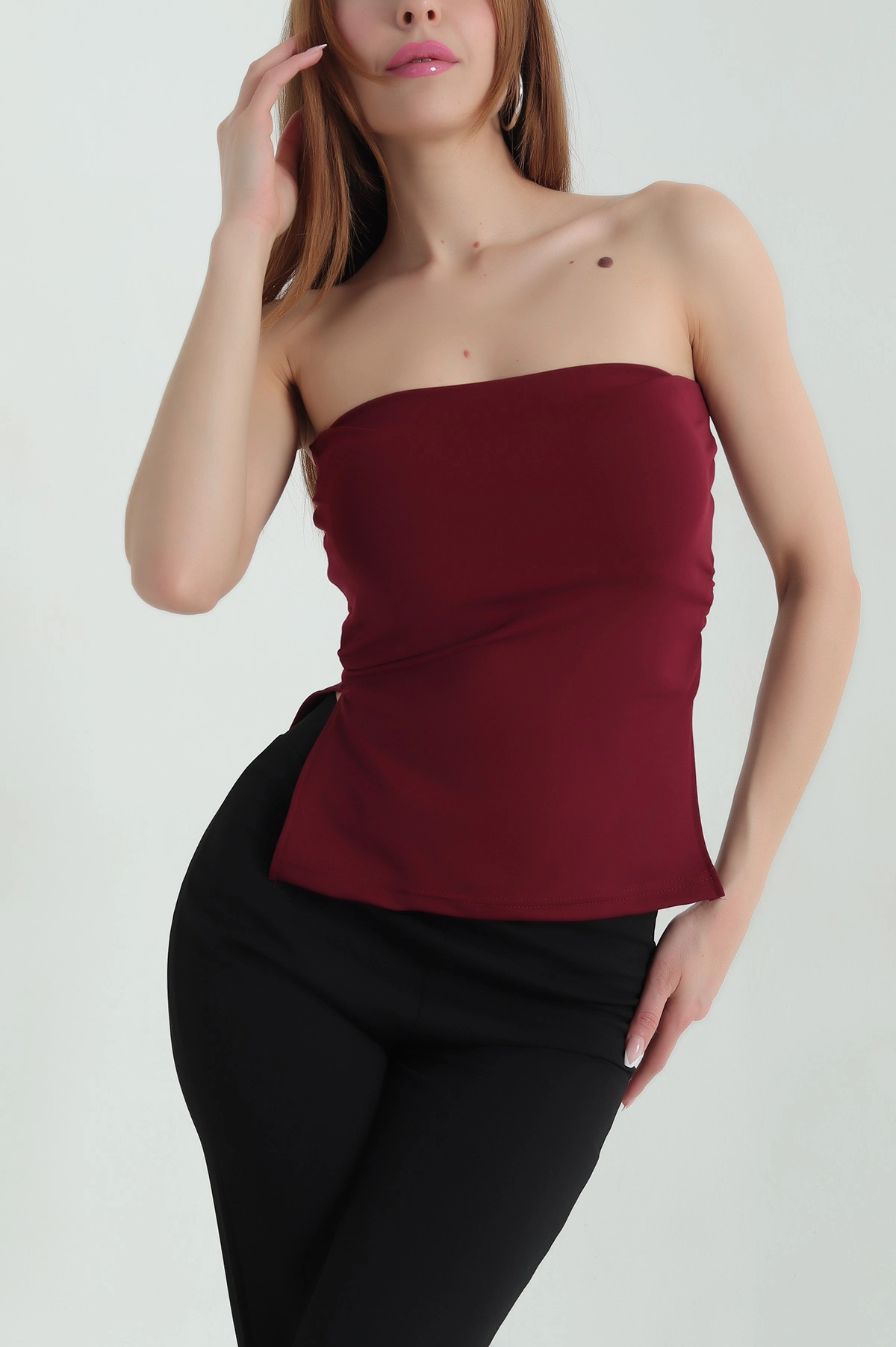 Bordo Büzgülü Pedli Staplez Kadın Bluz 357275