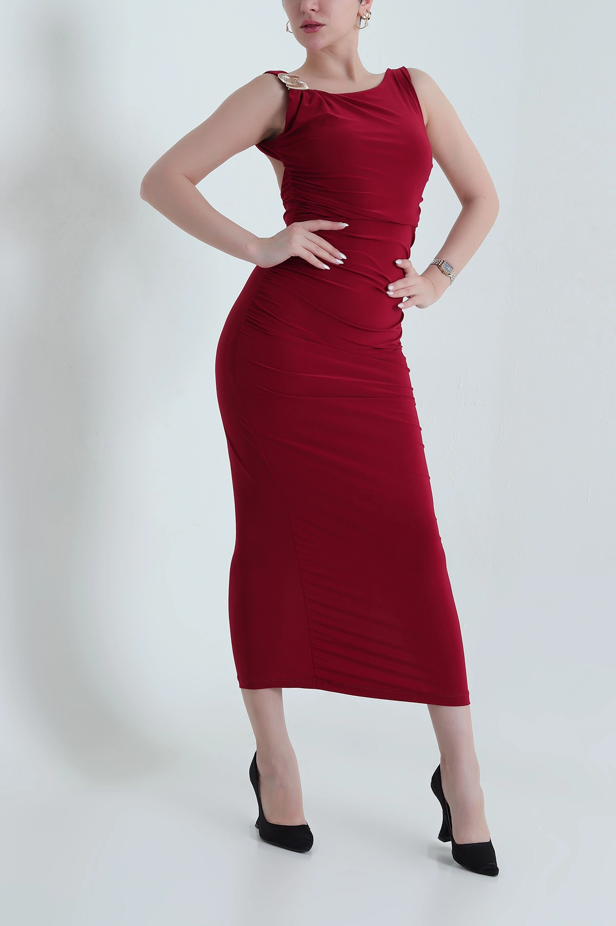 Bordo Büzgülü Sandy Kadın Elbise 443519