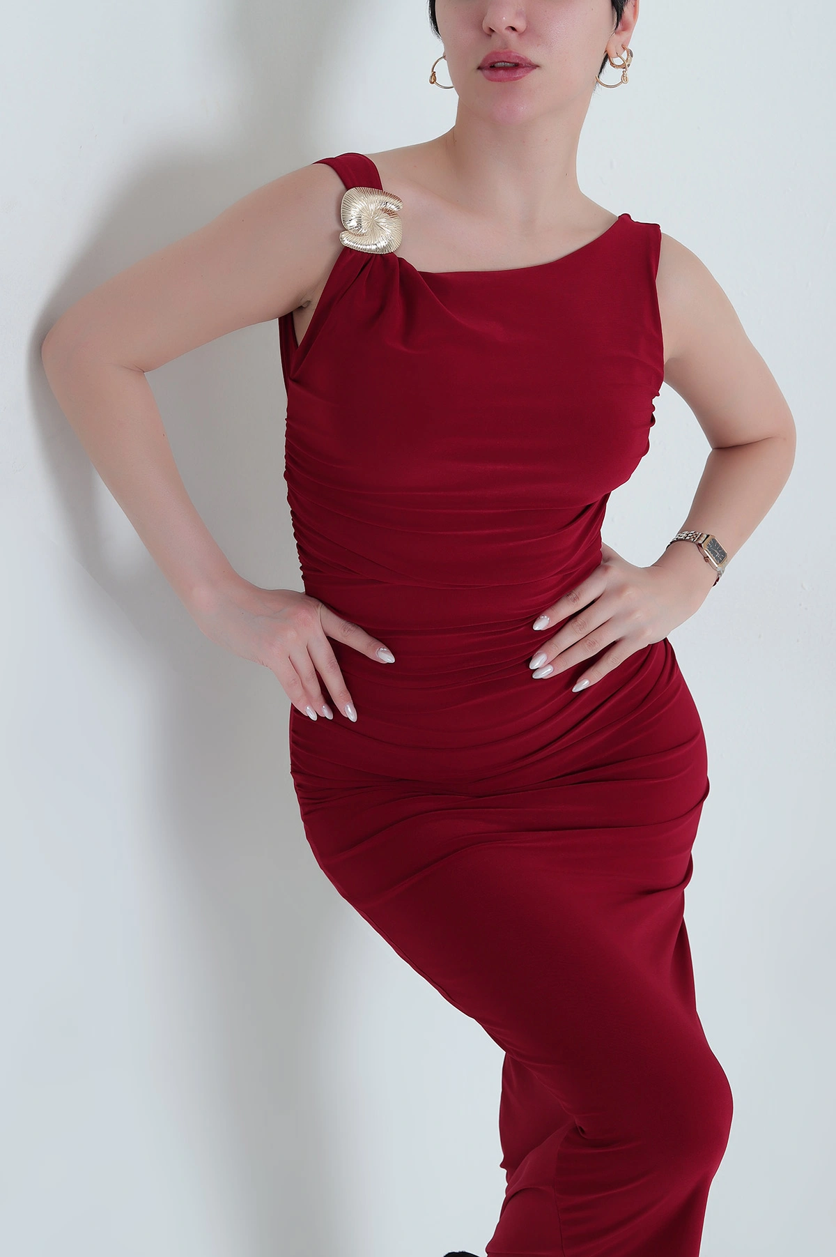 Bordo Büzgülü Sandy Kadın Elbise 443519