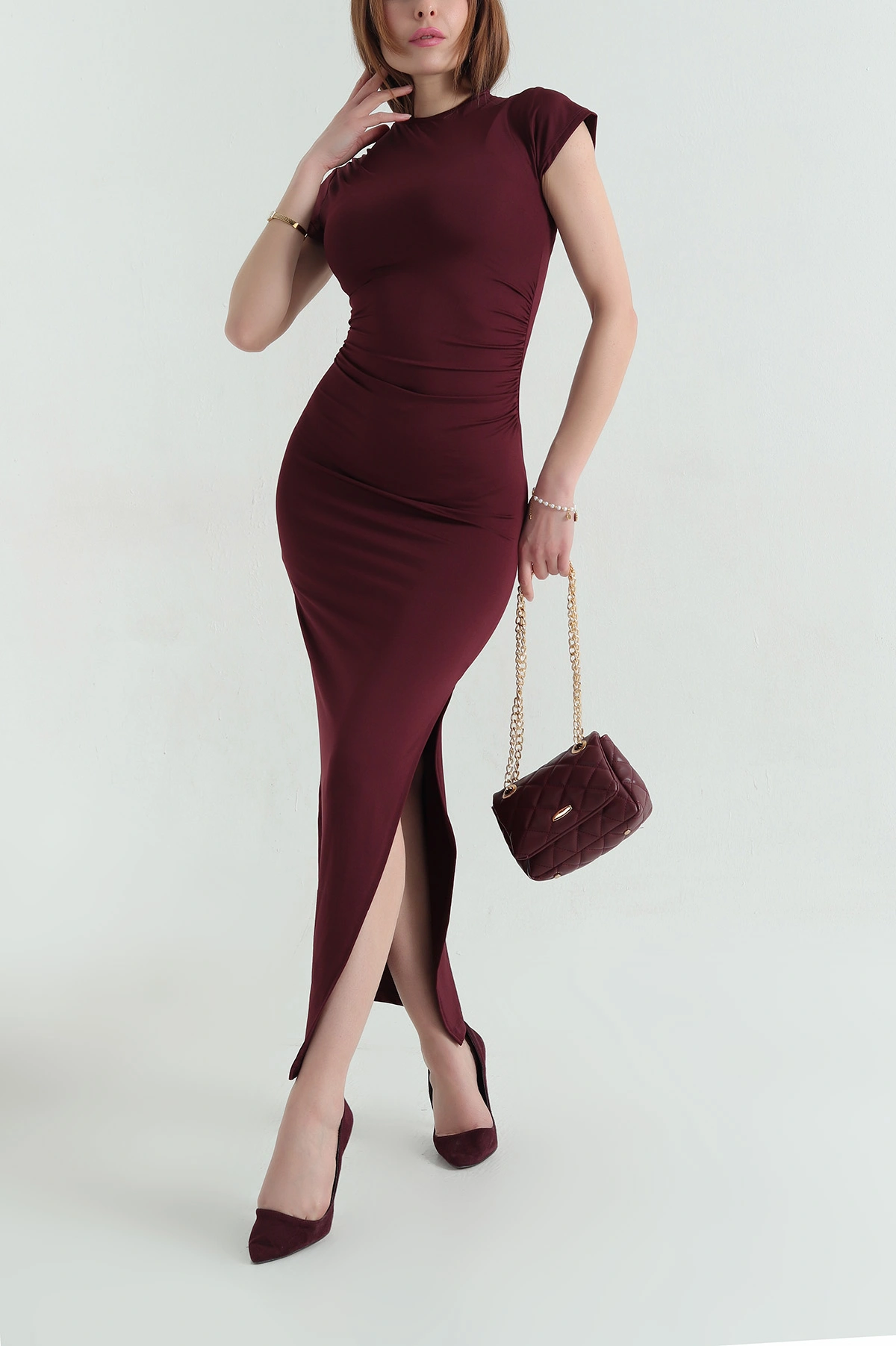 Bordo Büzgülü Sendy Kumaş Kadın Elbise 354087
