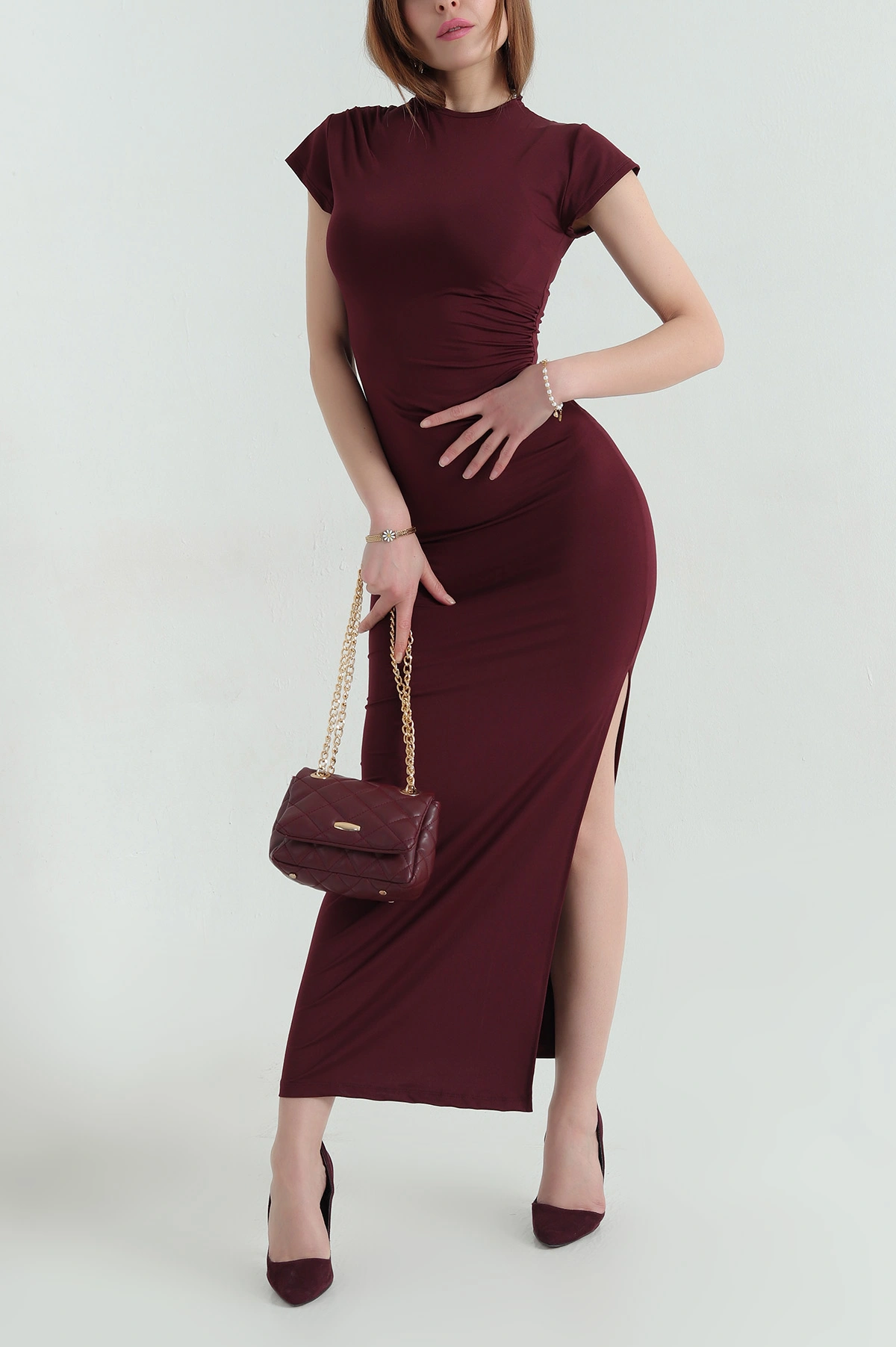 Bordo Büzgülü Sendy Kumaş Kadın Elbise 354087