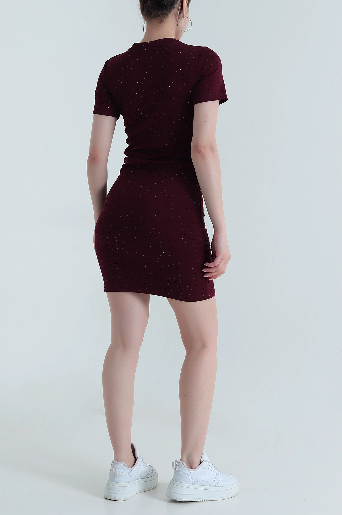 Bordo Büzgülü Taşlı Modal Kadın Elbise 472331