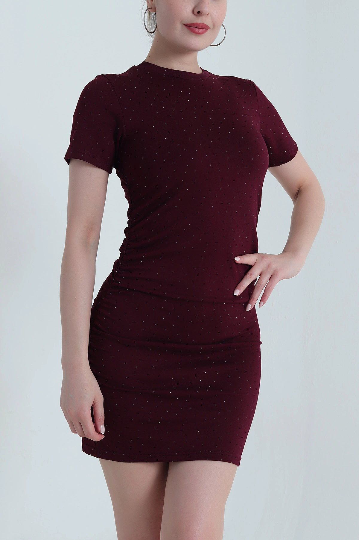 Bordo Büzgülü Taşlı Modal Kadın Elbise 472331