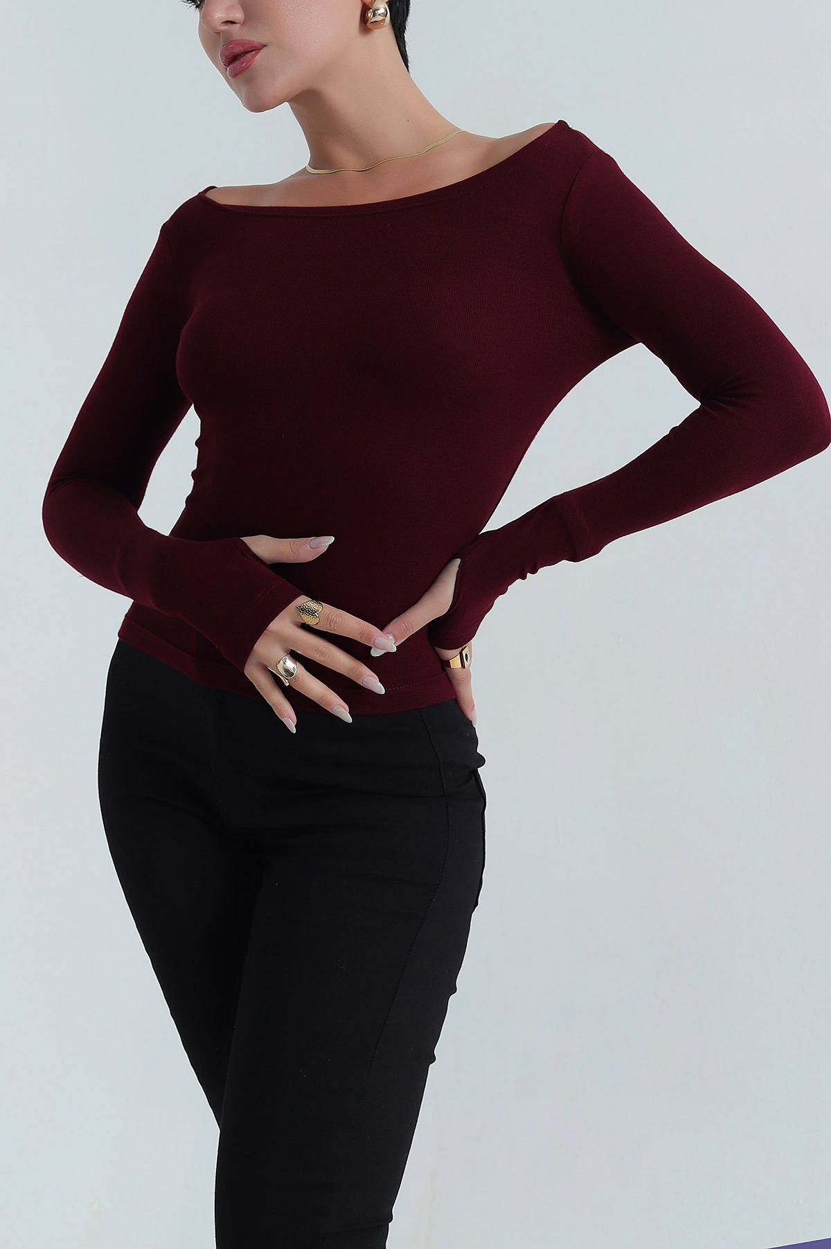 Bordo Buzi Kayık Yaka Parmak Geçmeli Kadın Bluz 385806