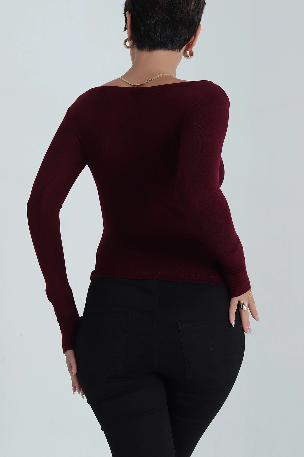 Bordo Buzi Kayık Yaka Parmak Geçmeli Kadın Bluz 385806