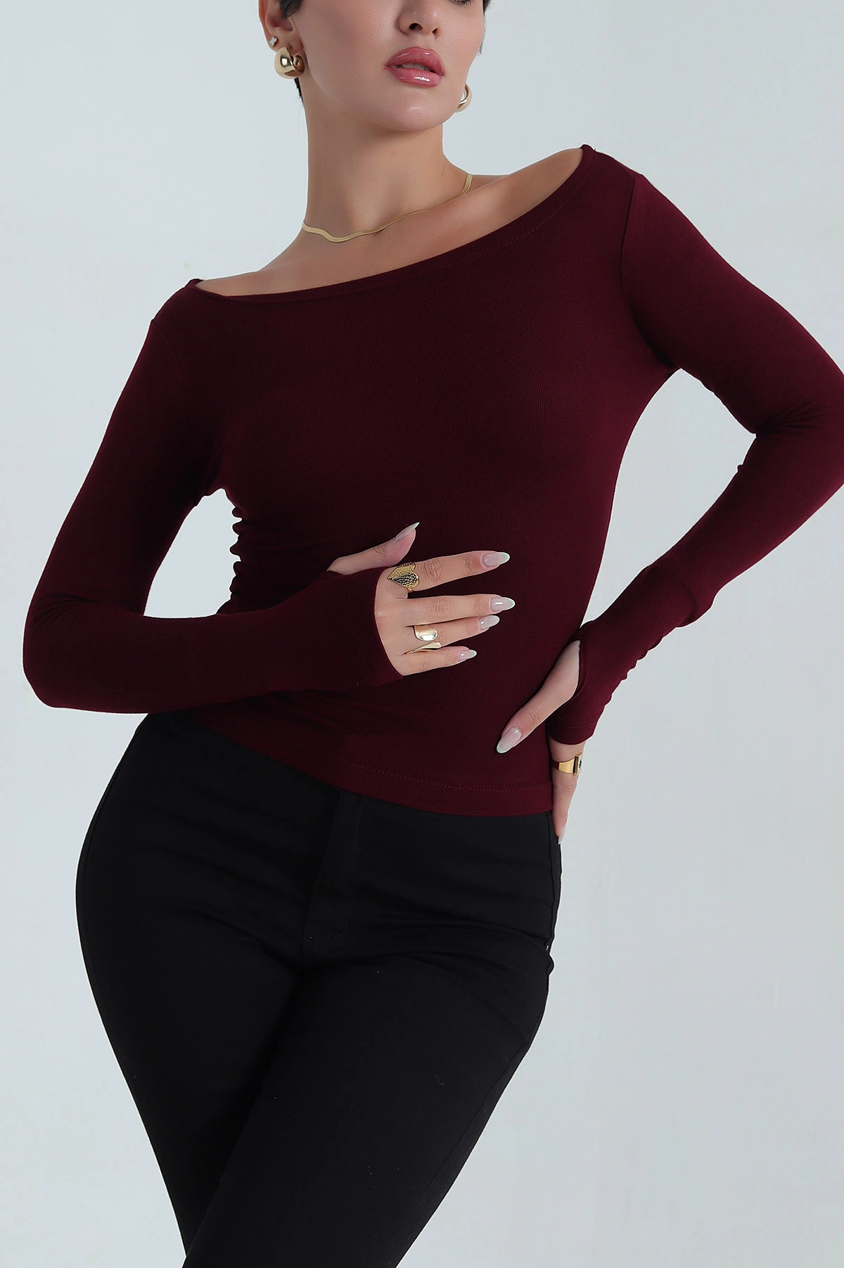 Bordo Buzi Kayık Yaka Parmak Geçmeli Kadın Bluz 385806