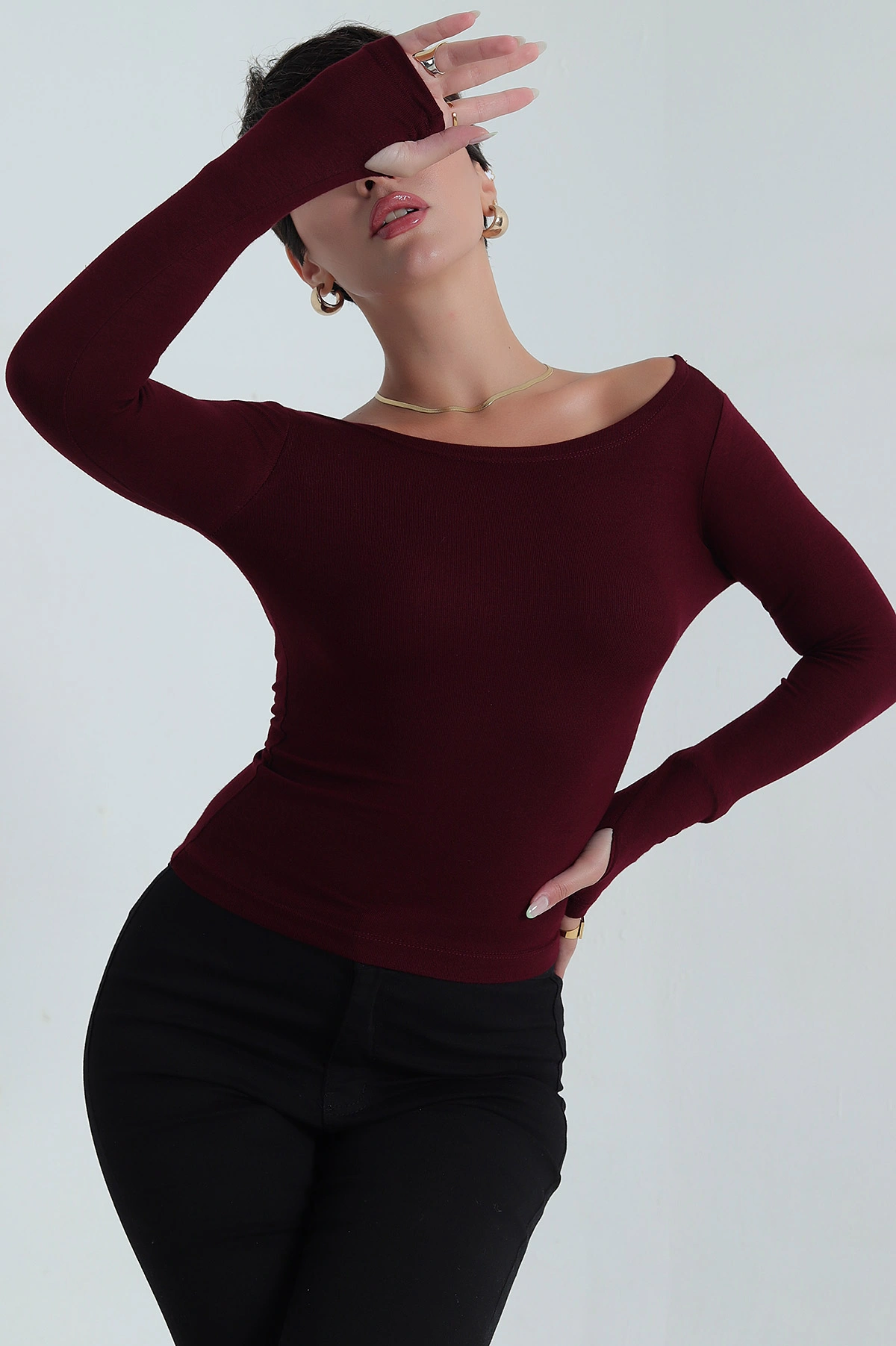 Bordo Buzi Kayık Yaka Parmak Geçmeli Kadın Bluz 385806