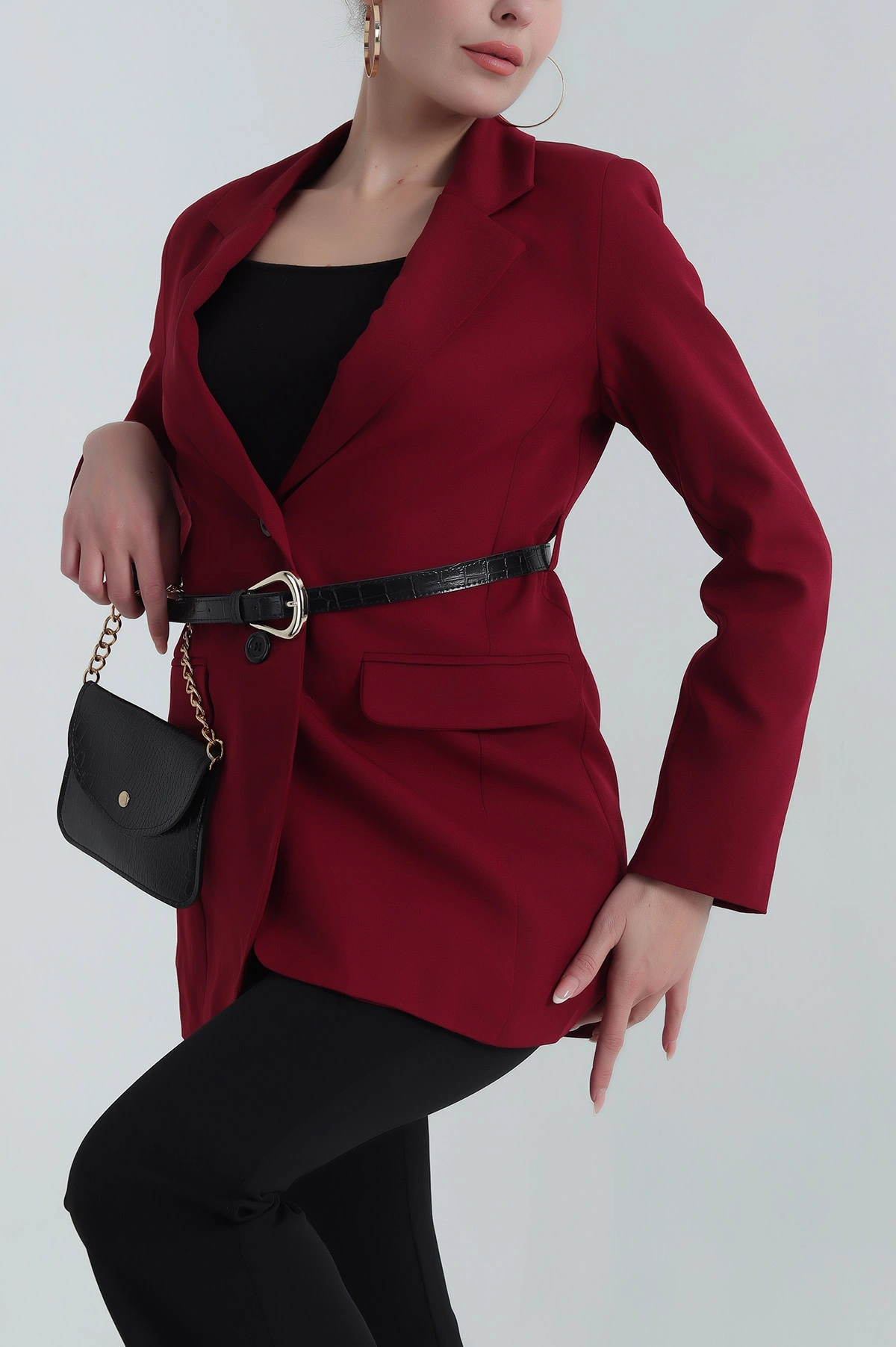 Bordo Çantalı Kemerli Kadın Blazer Atlas Ceket 401163
