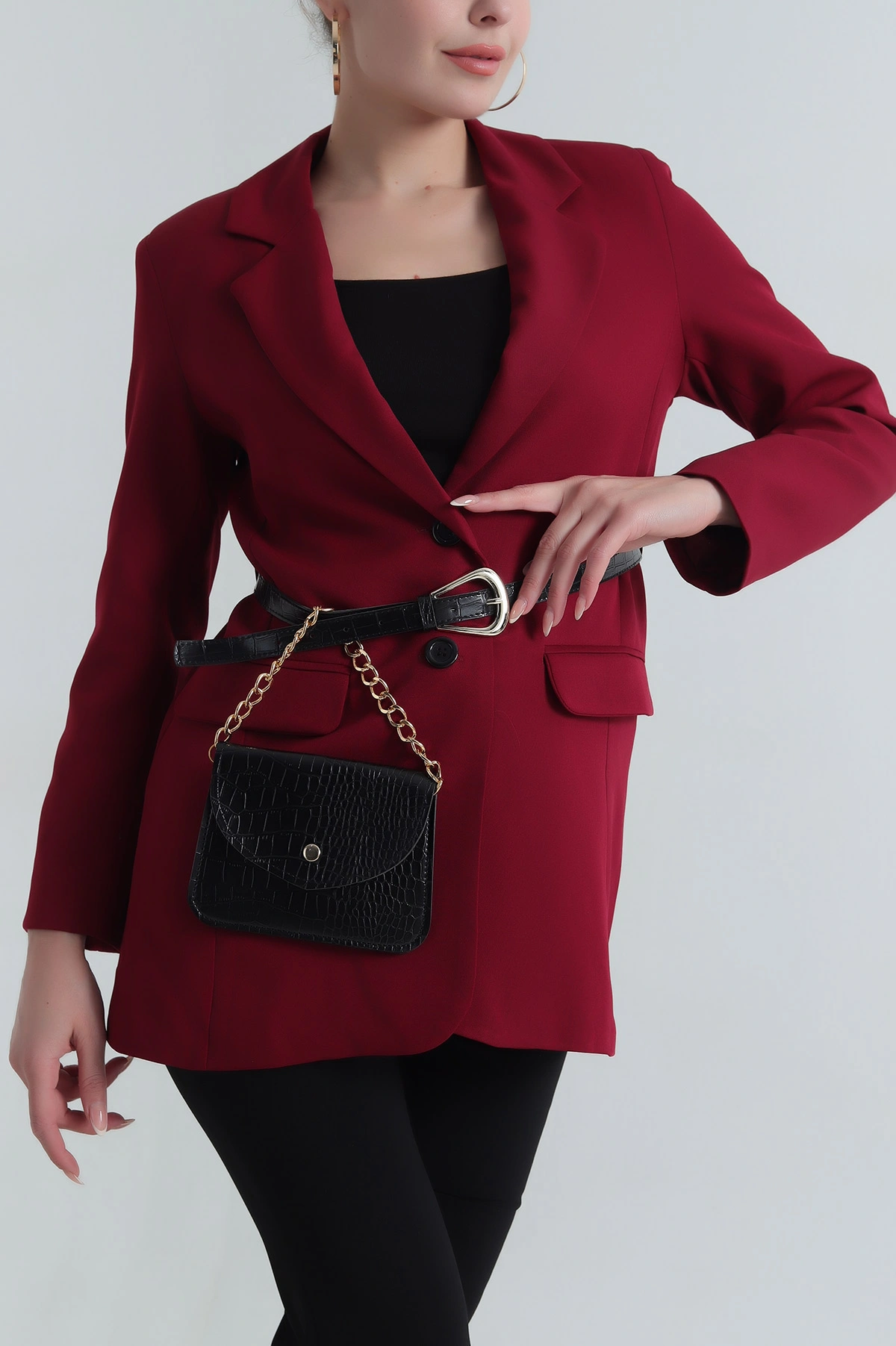 Bordo Çantalı Kemerli Kadın Blazer Atlas Ceket 401163