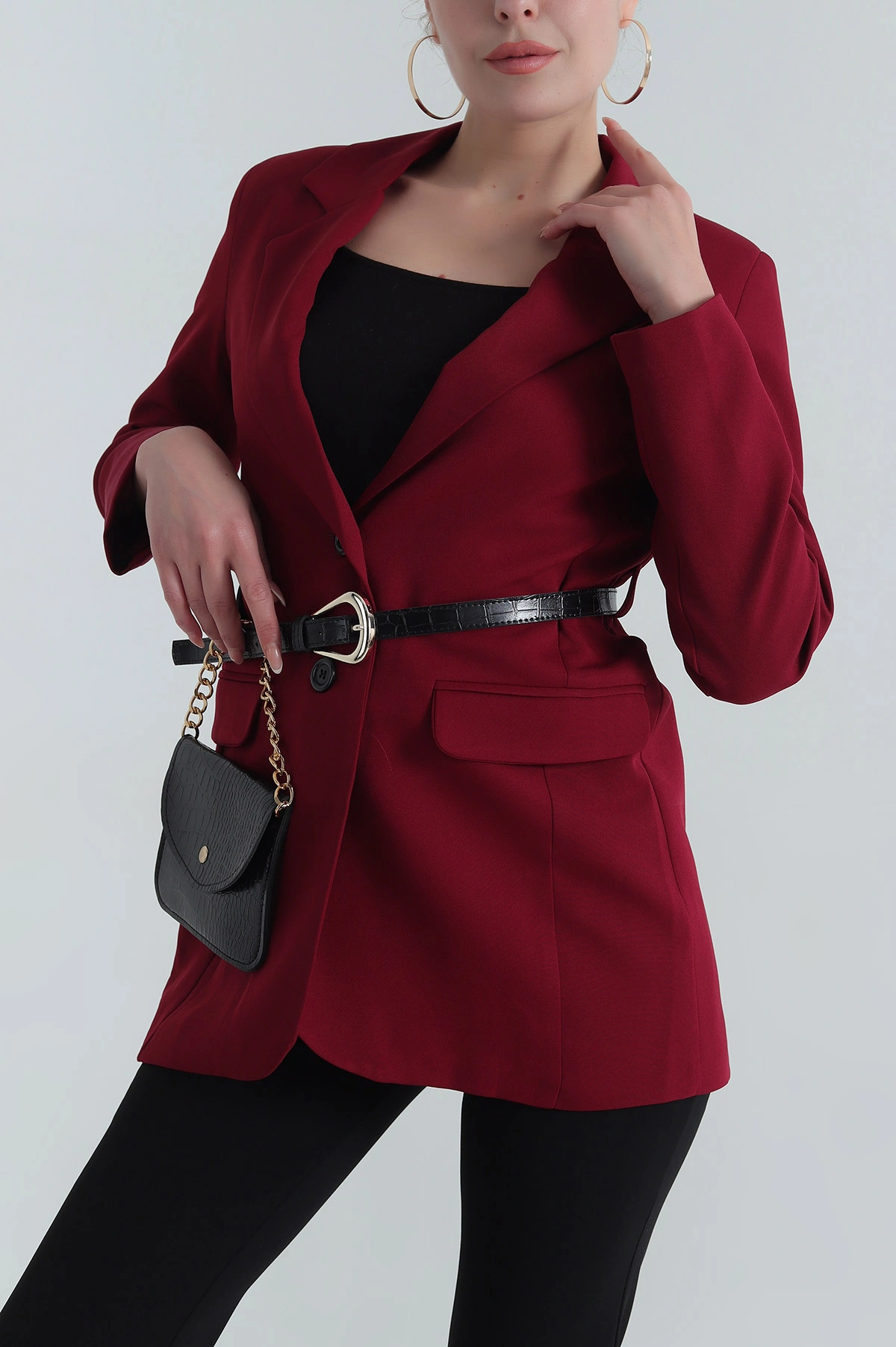 Bordo Çantalı Kemerli Kadın Blazer Atlas Ceket 401163