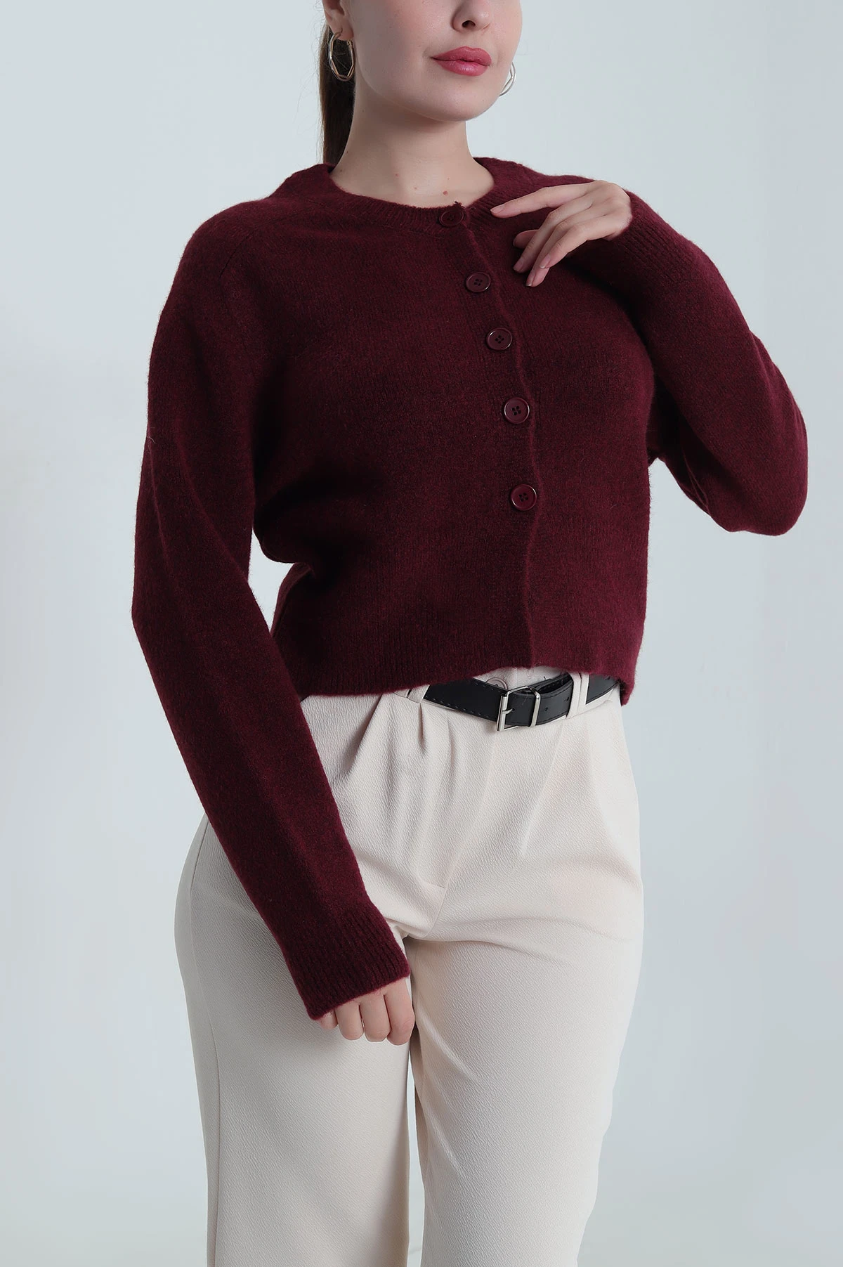 Bordo Çekiç Kol Kadın Triko Hırka 484499
