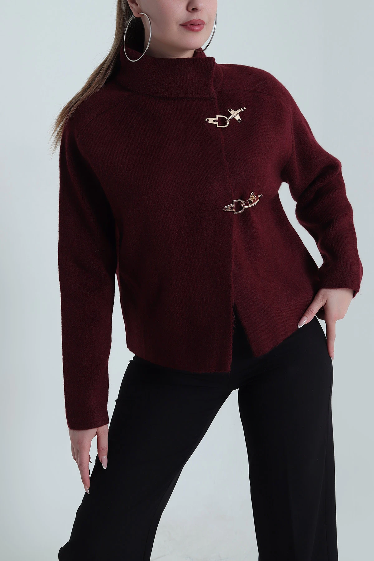 Bordo Çelik Örme Kadın Triko Hırka 490590