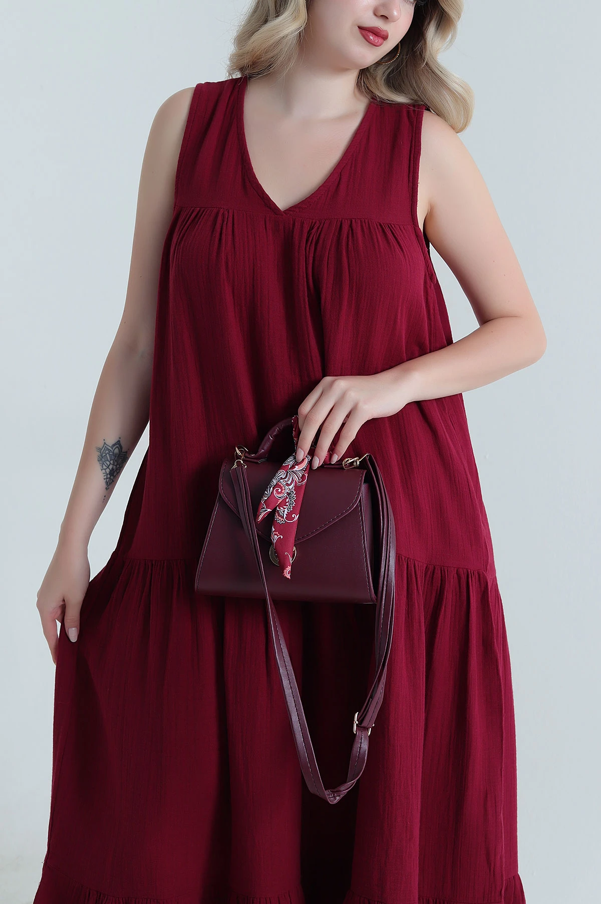 Bordo Cep Detay Müslin Keten Kadın Elbise 465760