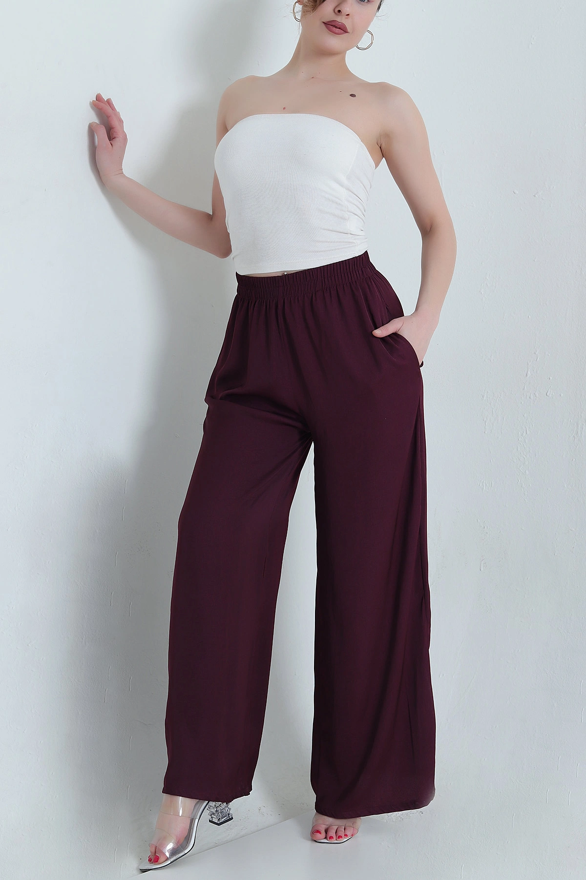Bordo Cepli Bel Lastikli Tencel Kadın Pantolon 446677