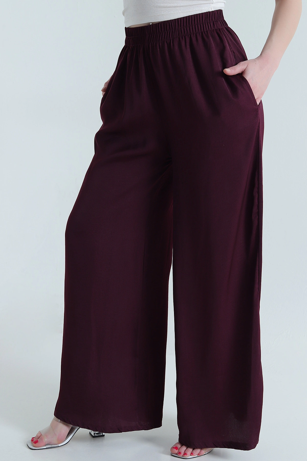 Bordo Cepli Bel Lastikli Tencel Kadın Pantolon 446677