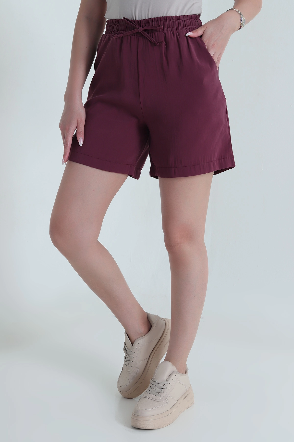 Bordo Cepli Bel Lastikli Tencel Kadın Şort 464647