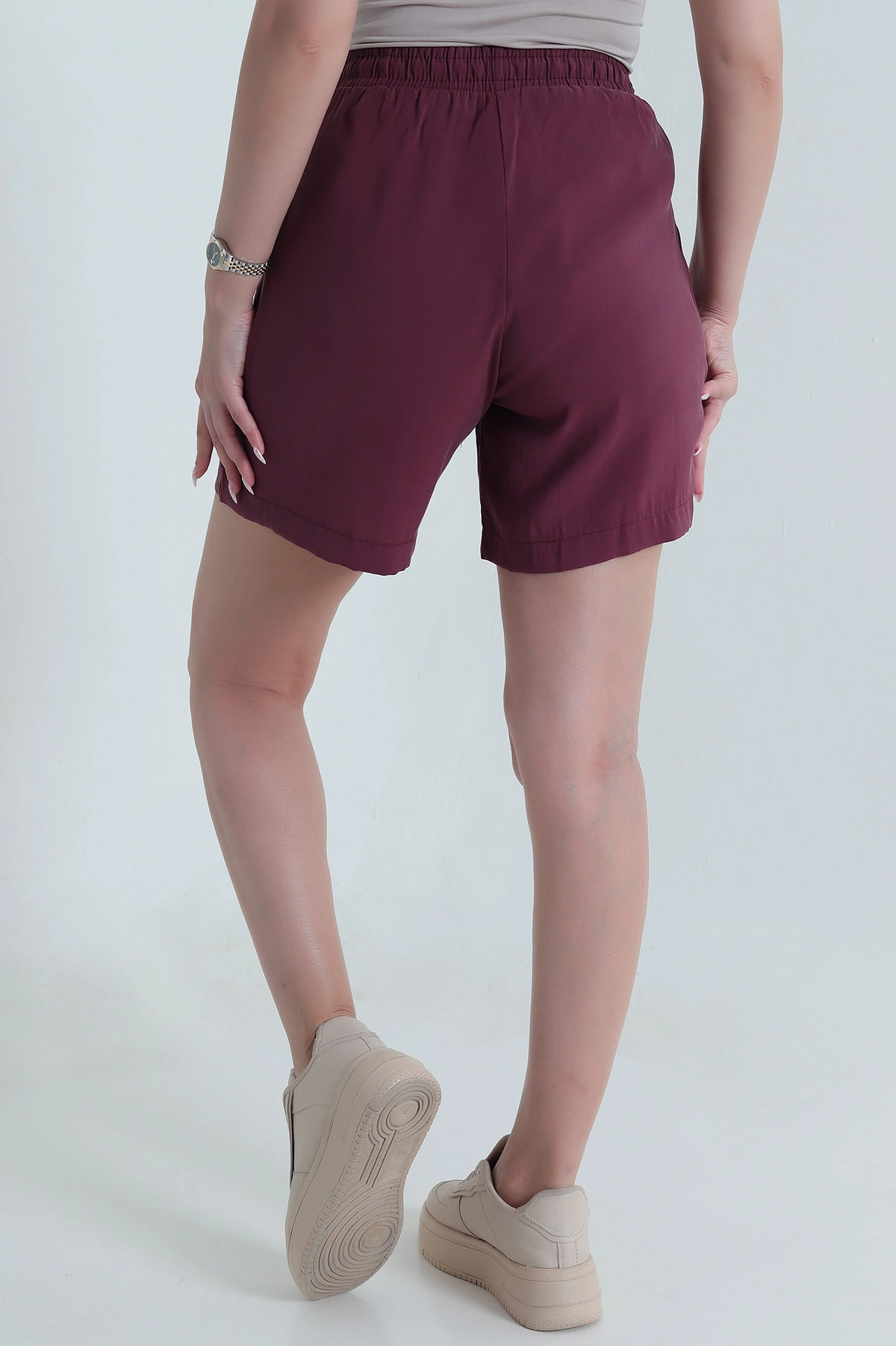 Bordo Cepli Bel Lastikli Tencel Kadın Şort 464647