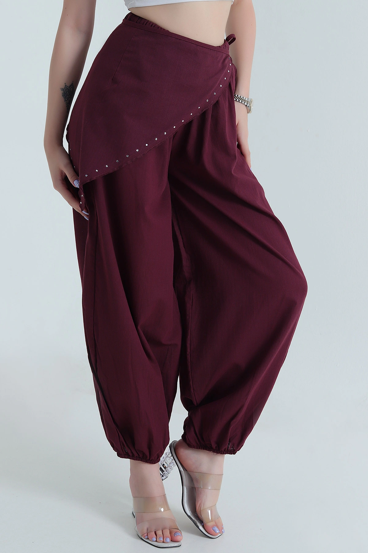 Bordo Cepli Bel ve Paça Lastikli Peçeli Terikoton Kadın Pantolon 473443