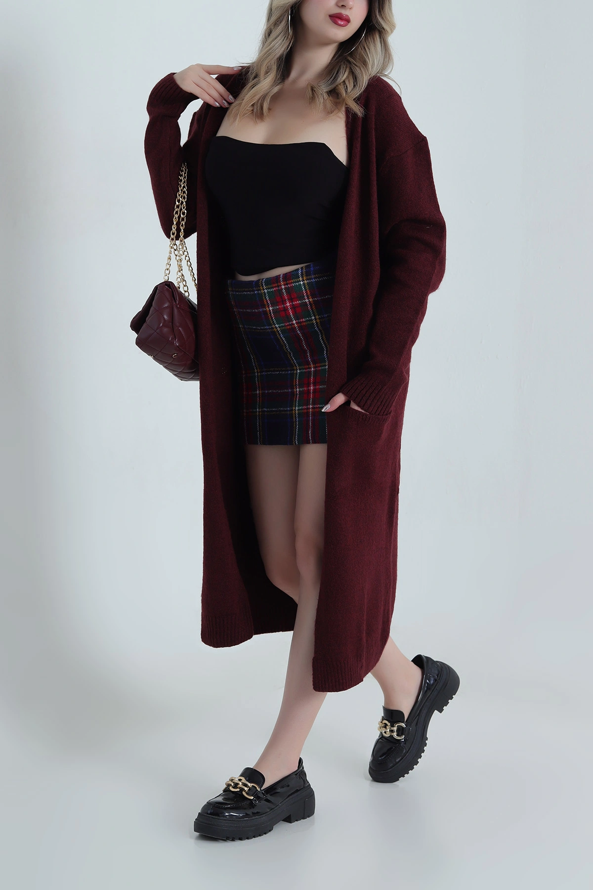 Bordo Cepli Kadın Uzun Triko Hırka 490479