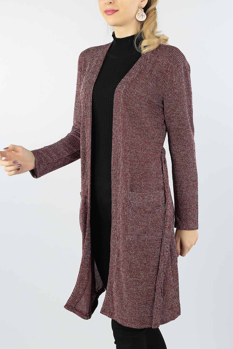 Bordo Cepli Kemerli Bayan İnce Triko Hırka 53758