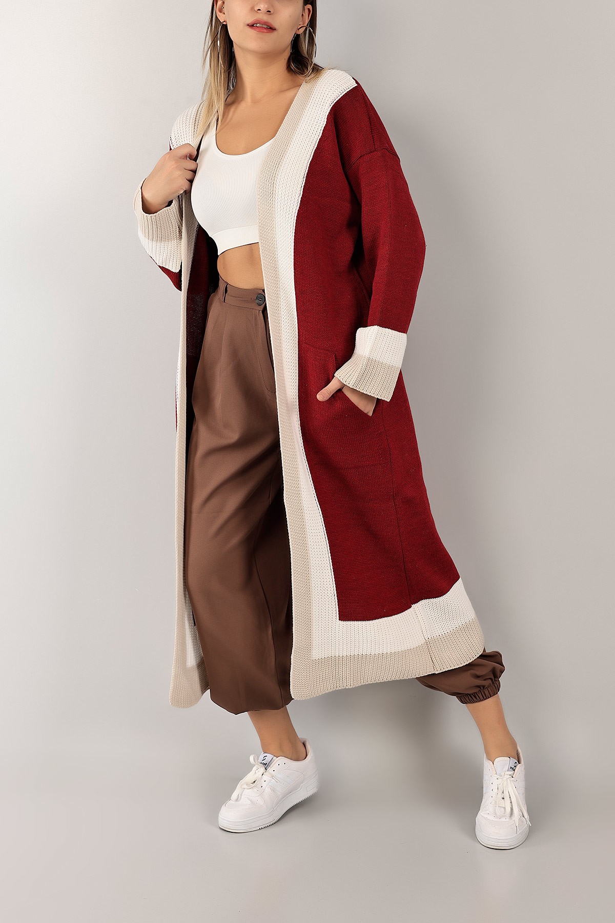 Bordo Cepli Uzun Triko Hırka 143312