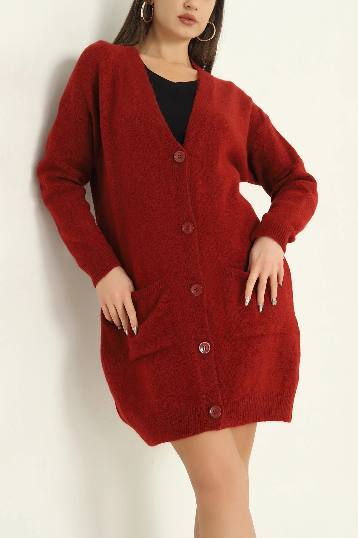 Bordo Çift Cepli Düğmeli Bayan Triko Hırka 325540