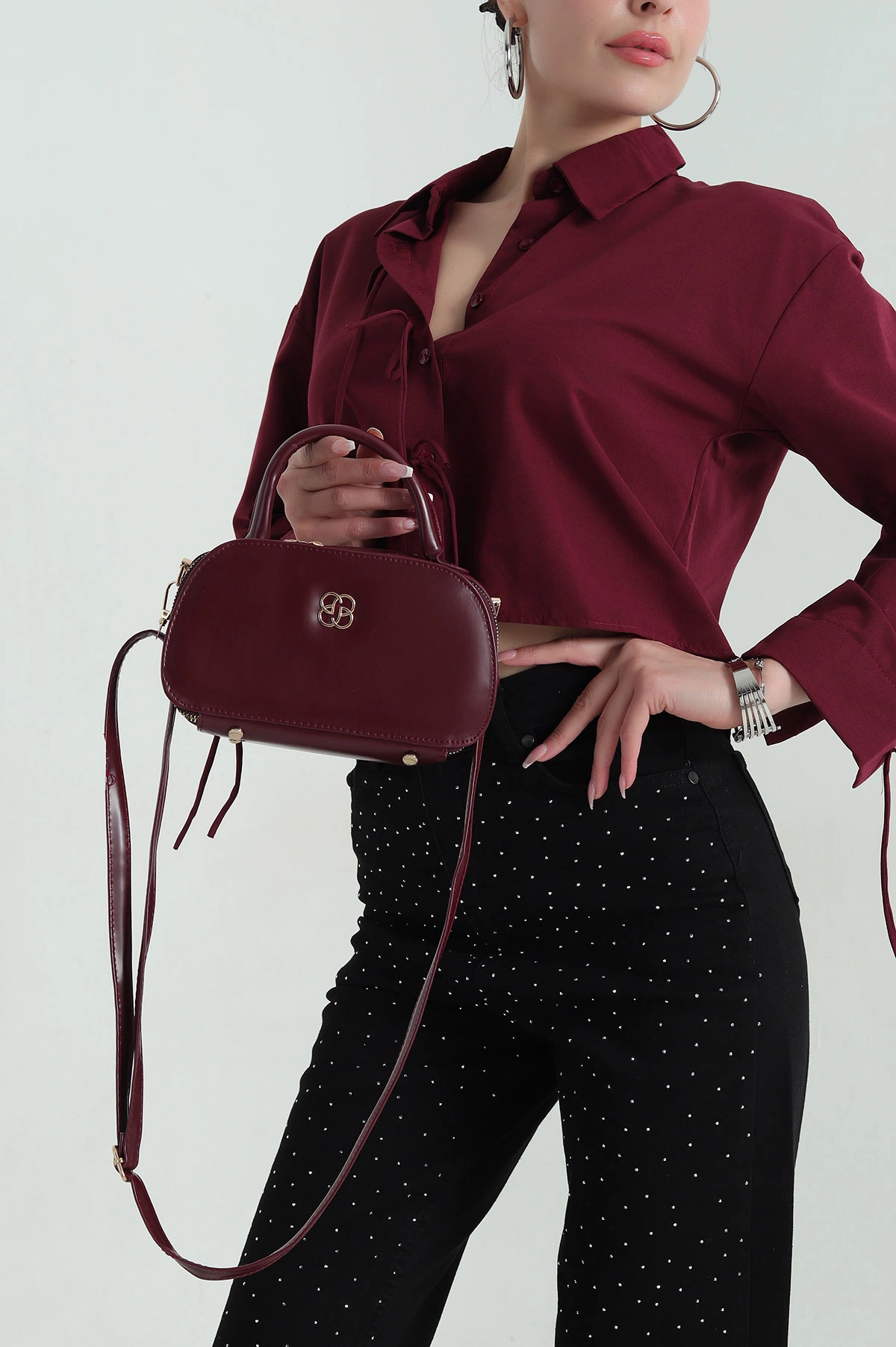 Bordo Çift Fermuarlı Kadın El Kol ve Omuz Çantası 374130