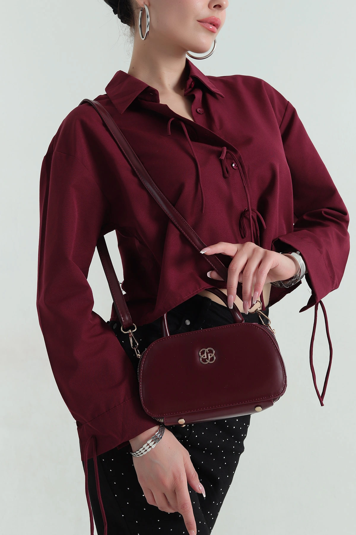 Bordo Çift Fermuarlı Kadın El Kol ve Omuz Çantası 374130