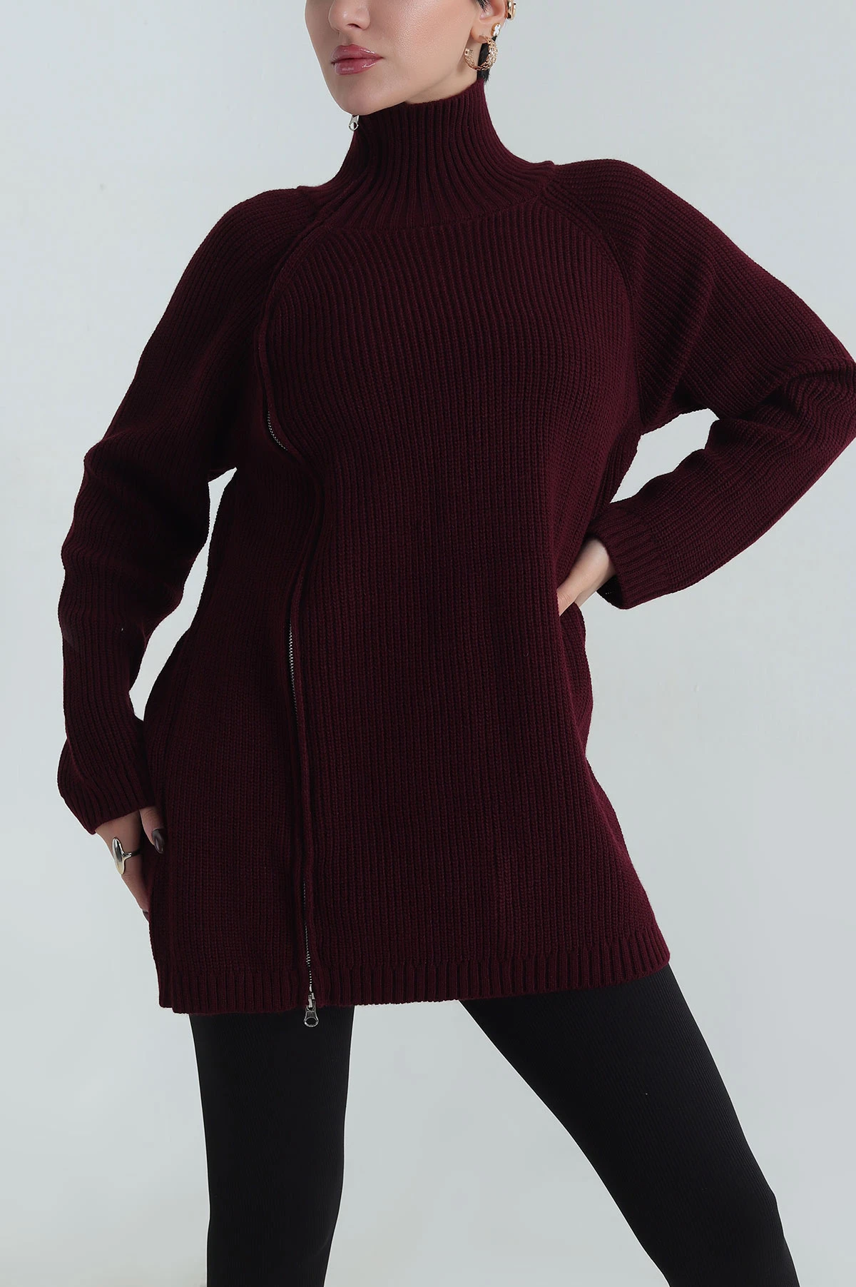 Bordo Çift Taraflı Fermuar Triko Kadın Kazak 412636