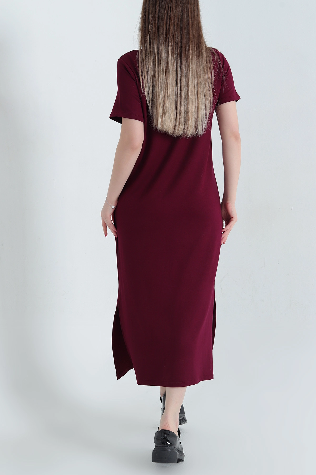Bordo Çift Yırtmaçlı Kristal Elbise 337786